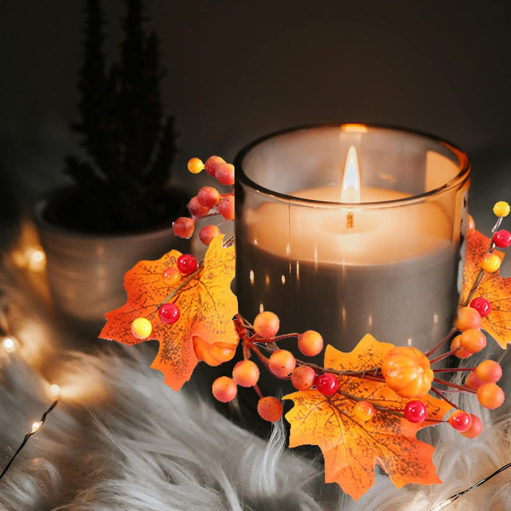 Regine Switzerland 6Pcs Fall Candle Ring Wreaths - 4.7 Inch Pumpkin Maple Leaf & Berries Decor | Perfect for Weddings & Halloween