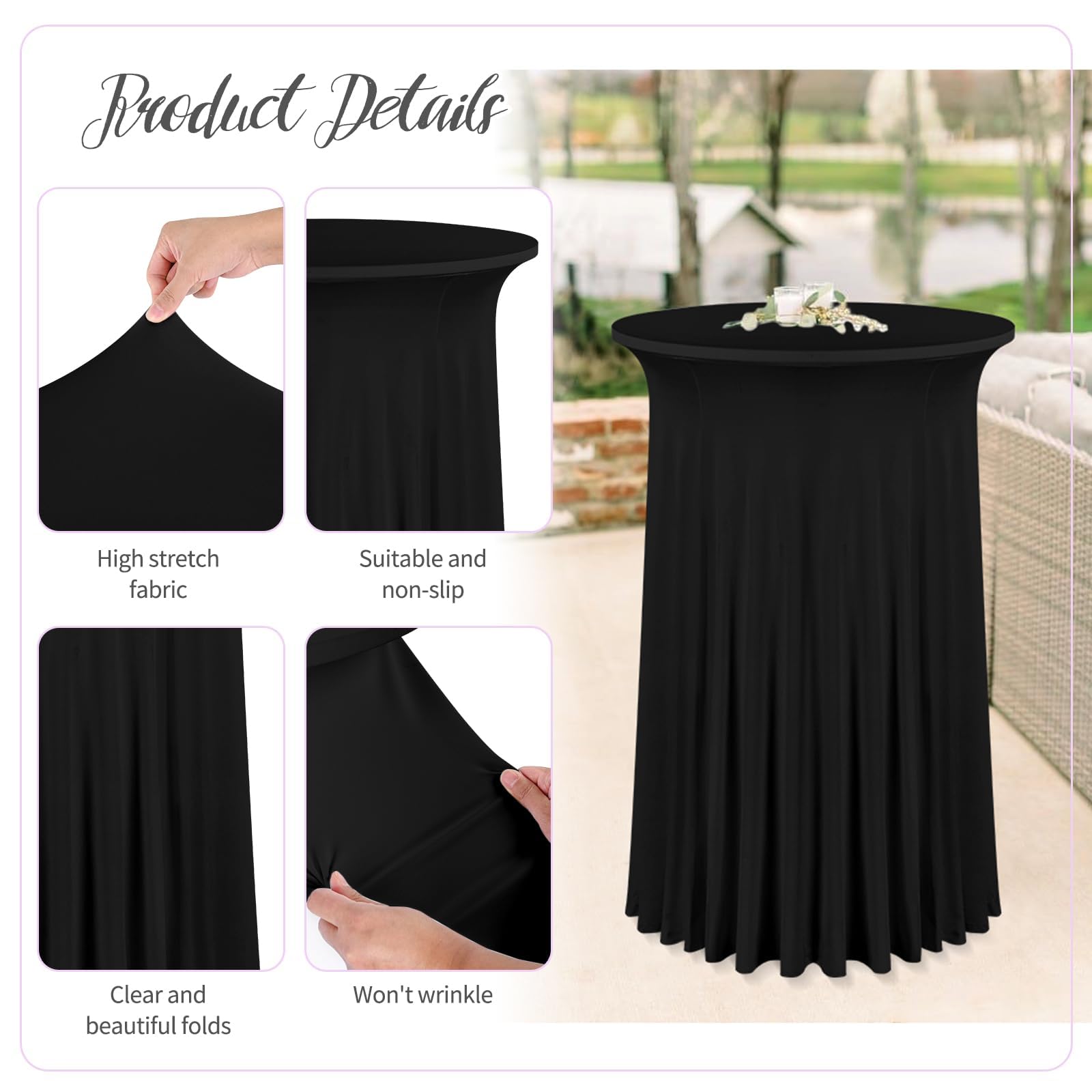 6 Packs 24"x 43" Round Cocktail Table Skirt, Spandex Fitted High Top Table Skirt, Spandex Stretch Cocktail Tablecloth for Wedding Party Bar Banquet Birthday Tables(Black)