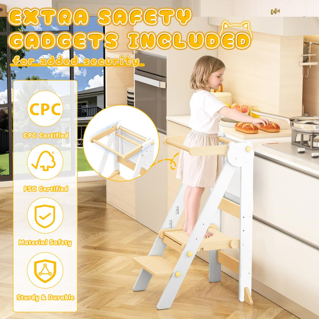 Foldable Toddler Tower, Wooden Toddler Kitchen Stool with 3 Adjustable Heights and Removable White/Blackboard, Montessori Foldable Learning Tower Kitchen Stool, Natural Wood
