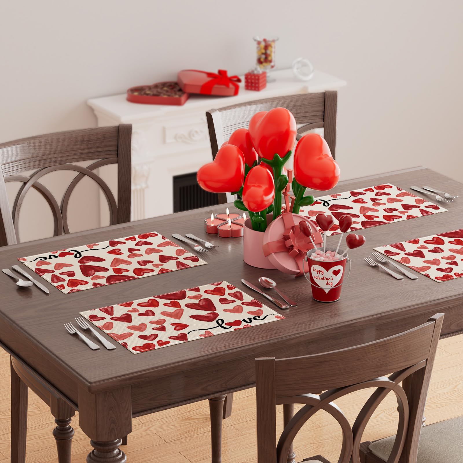 XCHI Watercolor Red Love Hearts Valentine’s Day Placemats Set of 6 Table Mats for Party Home Kitchen Dining Table Decorations 12x18 Inch