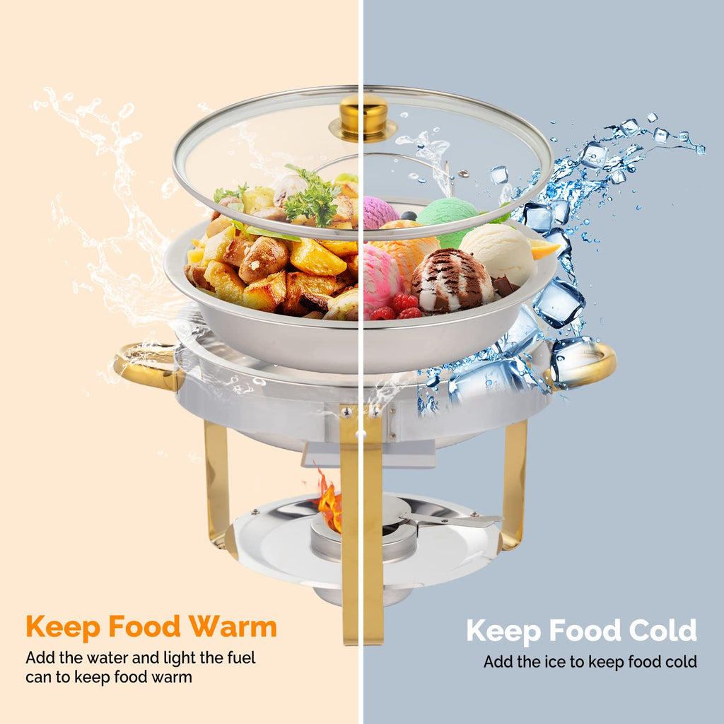 ROVSUN 5QT 2 Packs Chafing Dish Buffet Set Gold Accent, NSF Round Stainless Steel Buffet Warmer Chafers and Buffet Warmers Sets with Glass Lid & Lid Holder for Catering Events Parties Weddings Dinners