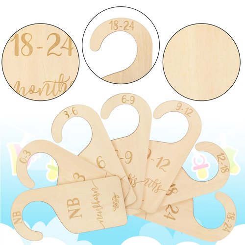 Whaline Wooden Baby Closet Size Dividers Set of 7 Wardrobe Hanger Organizer from Newborn to 24 Month Nursery Decor Dividers with Blue Velvet Bag Design for Home Nursery Infant Baby Clothes