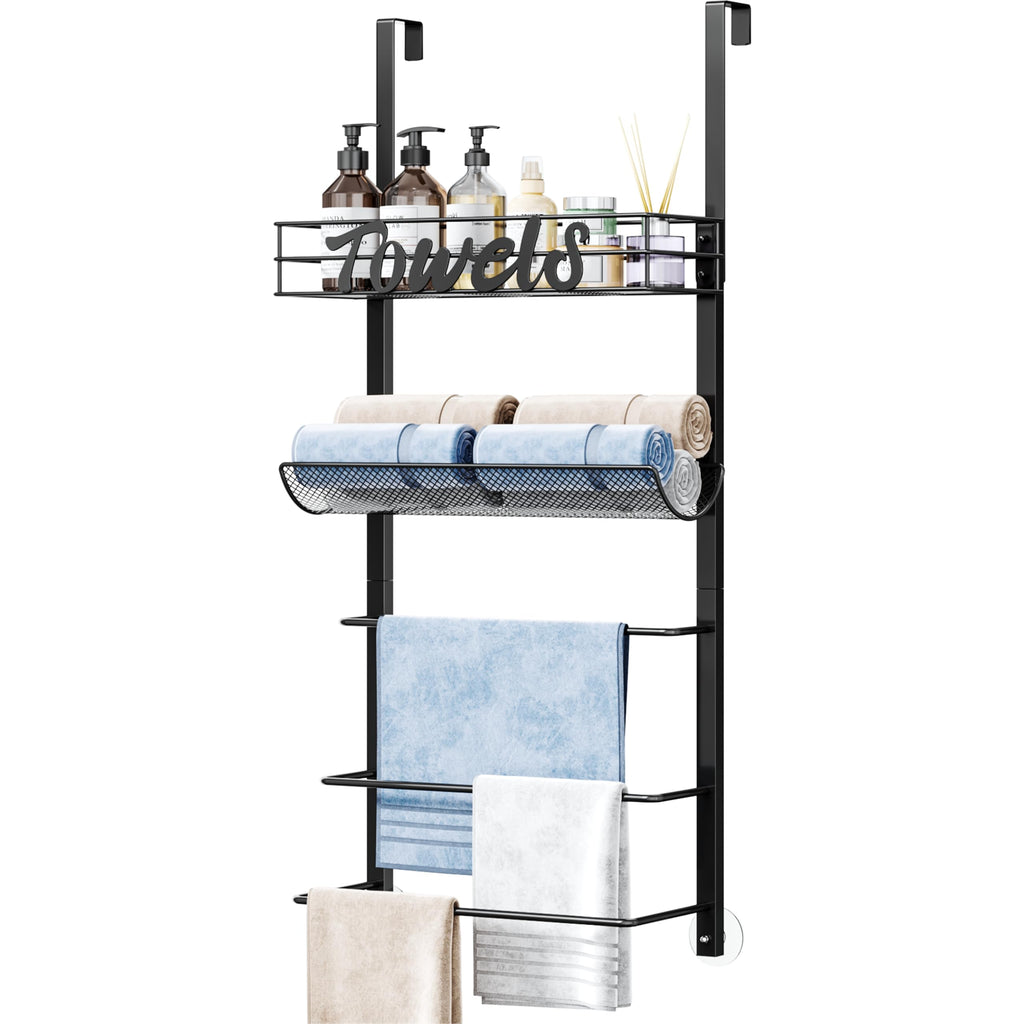 SWTYMIKI Over The Door Towel Racks for Bathroom - 5-Tier Wall Mounted Bathroom Towel Storage Organizer Holder with Metal Shelf, Black