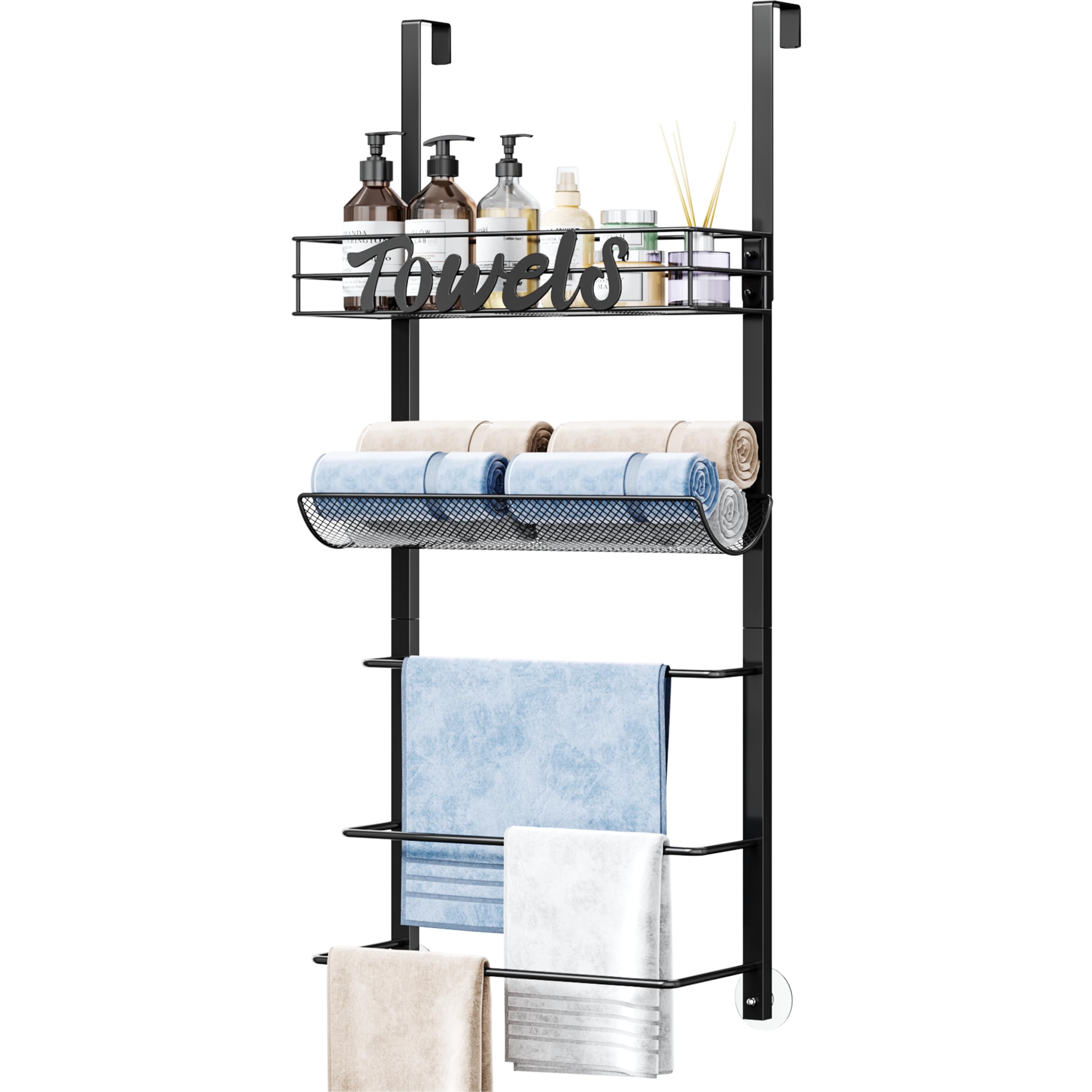 SWTYMIKI Over The Door Towel Racks for Bathroom - 5-Tier Wall Mounted Bathroom Towel Storage Organizer Holder with Metal Shelf, Black