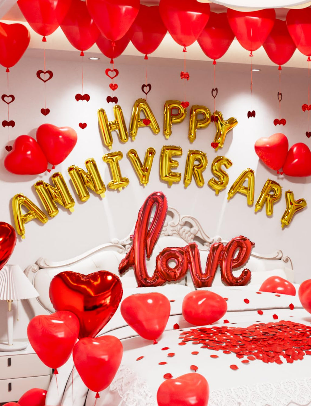 Adeyoo Anniversary Balloons Decorations,Happy Anniversary Banner,Red Heart Shaped Balloons,Large Love Balloon,Rose Petals,Latex Balloon for Romantic Nigh Valentines Day Party Supplies