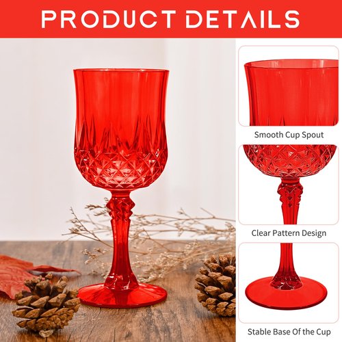 48 Pcs Red Plastic Wine Glasses, Plastic Goblets for Parties, Vintage Wine Glasses Bulk, Reusable Drinking Glass, Drinkware Cups for Wedding Party Reception Event Supplies