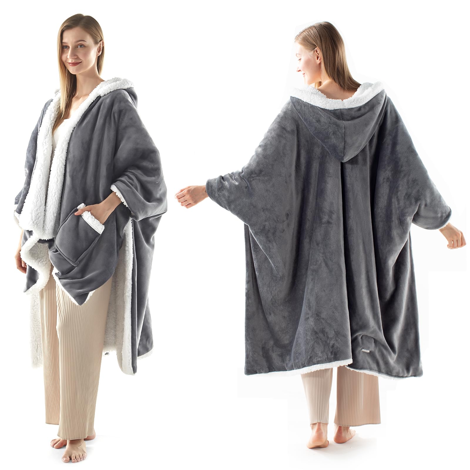 ACCU-WARMTH Wearable Heated Blanket - Warm Up Electric Blanket Hoodie with 6 Heat Levels, Snuggies for Women, 50"x70", London Grey