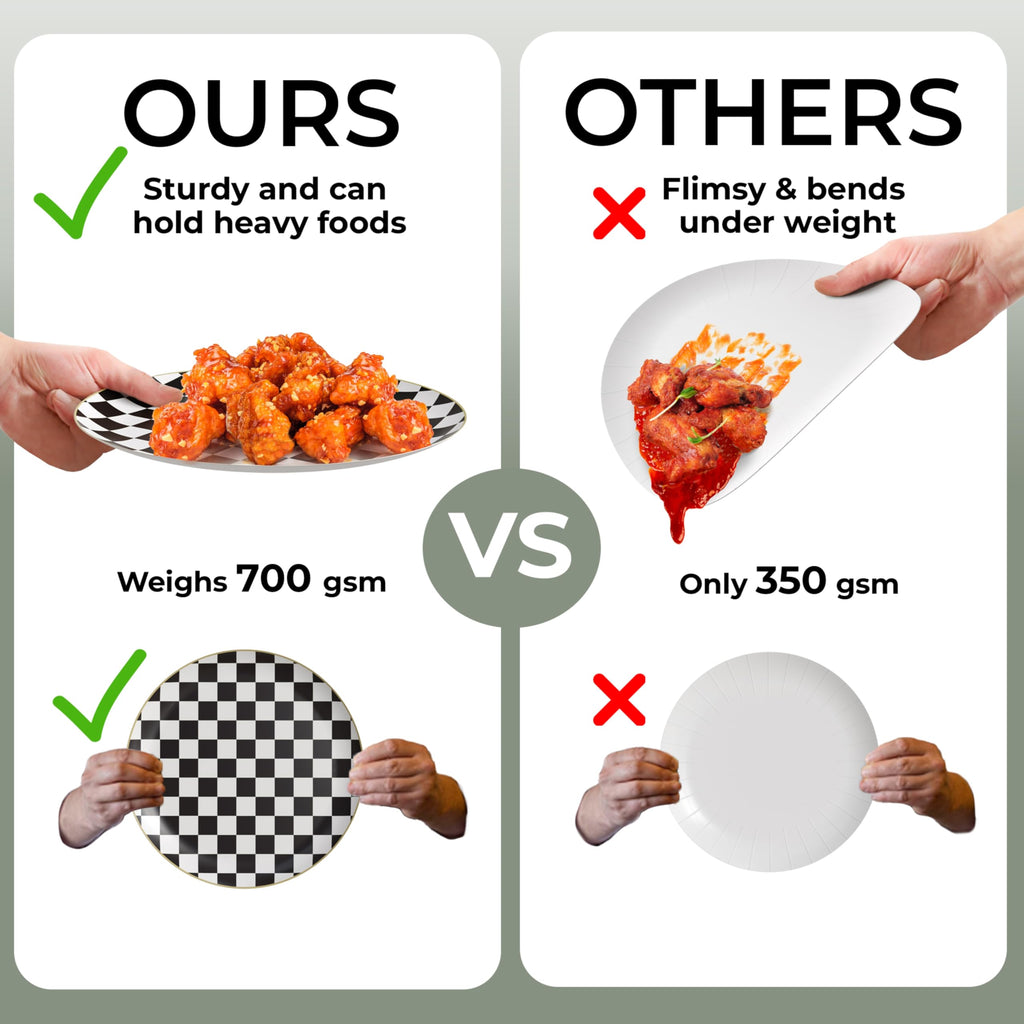 Trendables Heavy Duty Paper Plates Bulk 40 Pcs Disposable Party Plates - 20 X 8 Inch Dessert Plate & 20 X 10 Inch Paper Plate Checkered decor, black and white party decorations, race car decorations