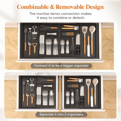 Lifewit Silverware Drawer Organizer, Expandable BPA Free Plastic Utensil Tray for Kitchen, Adjustable Flatware Cutlery Holder for Spoons Forks Knives, 21.3- 36 x 16.9", Black