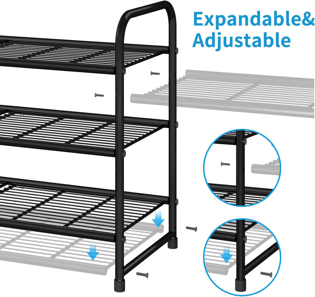 Simple Trending 3-Tier Stackable Shoe Rack - Expandable & Adjustable Storage Organizer | Black Wire Grid