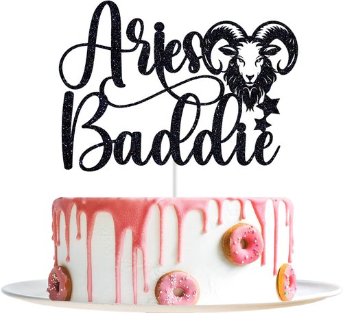 Aries Baddie Cake Topper - Zodiac Birthday Party Decor | Black Glitter Constellation Design