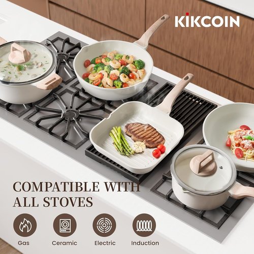 Kikcoin 16-Piece Non-Stick Ceramic Cookware Set - Induction-Compatible Kitchen Pots & Pans, White