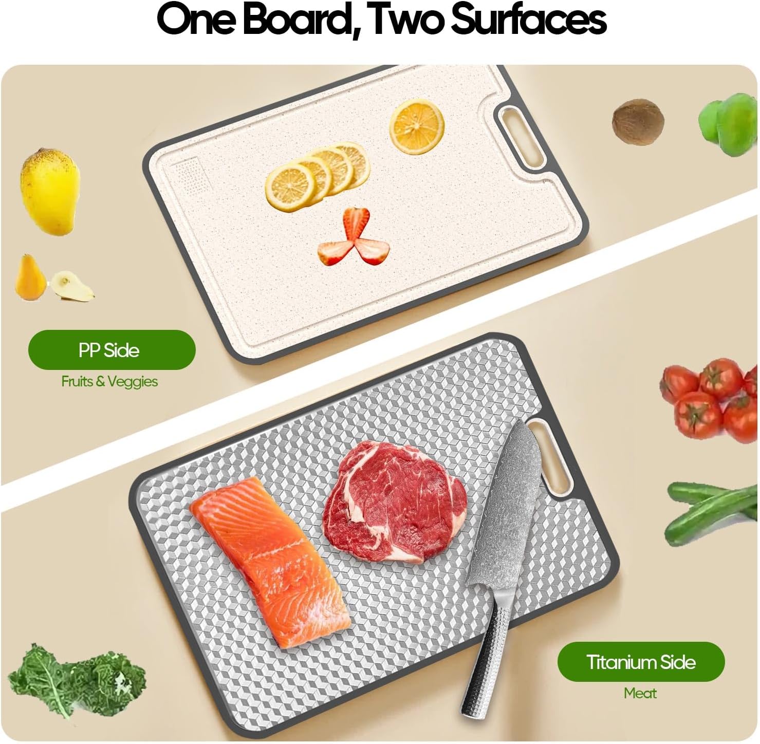 Titanium Cutting Board - Double-Sided Medical-Grade Design | Large Chopping Board with Juice Groove for Meat & Veggies