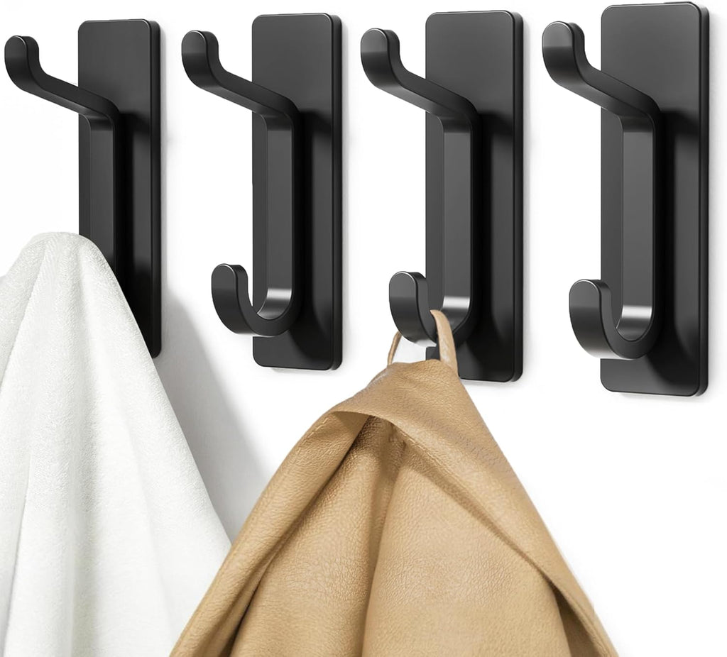 Pickpiff Wall Hooks - 13LB Strong Adhesive Coat & Towel Hangers | Black 4 Pack for Easy Organization