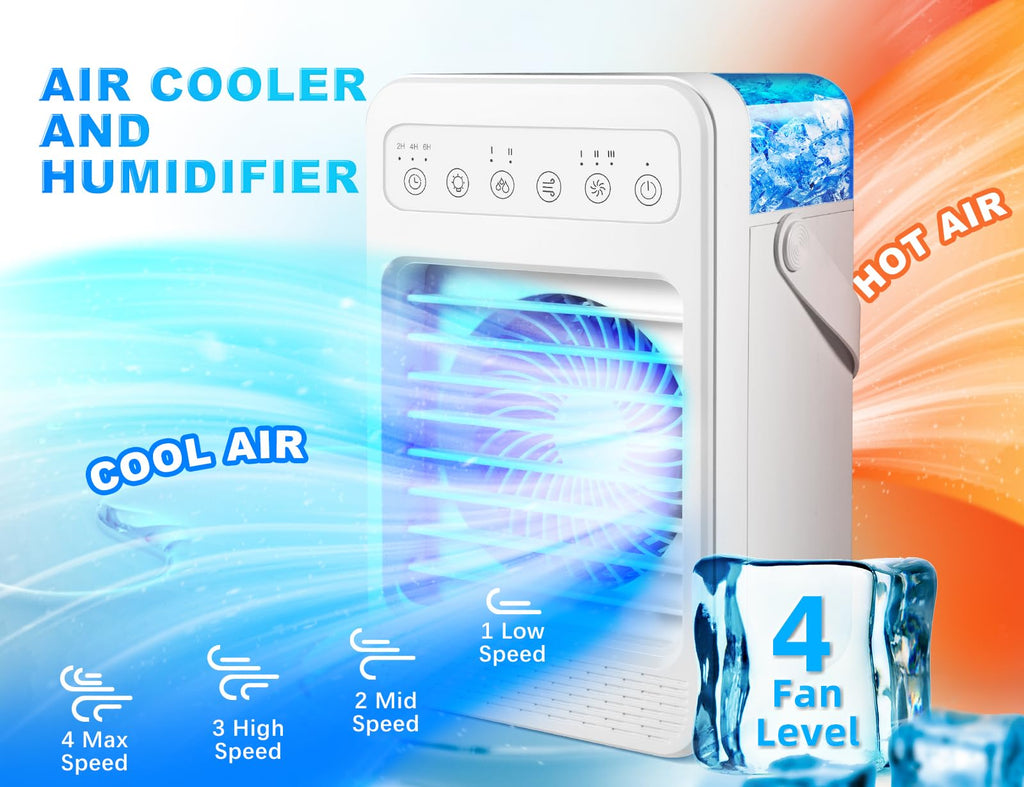 Portable Air Conditioners - Evaporative Air Cooler & Humidifier Combo | 4 Speeds, 7 Colors Light, 2/4/6H Timing | Quiet Personal Air Conditioner Fan for Room, Office
