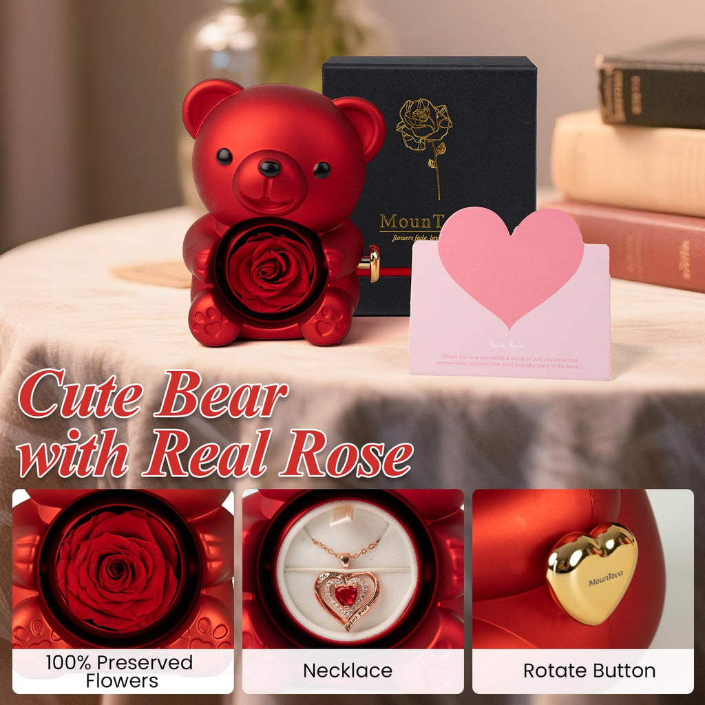 mountova Romantic Teddy Bear with Preserved Rose, Real Rose in Elegant Gift Box with Necklace for Women, Bear Roses Gifts for Mother's Day,Weddings,Valentine's Day,Anniversary,Birthday, Red