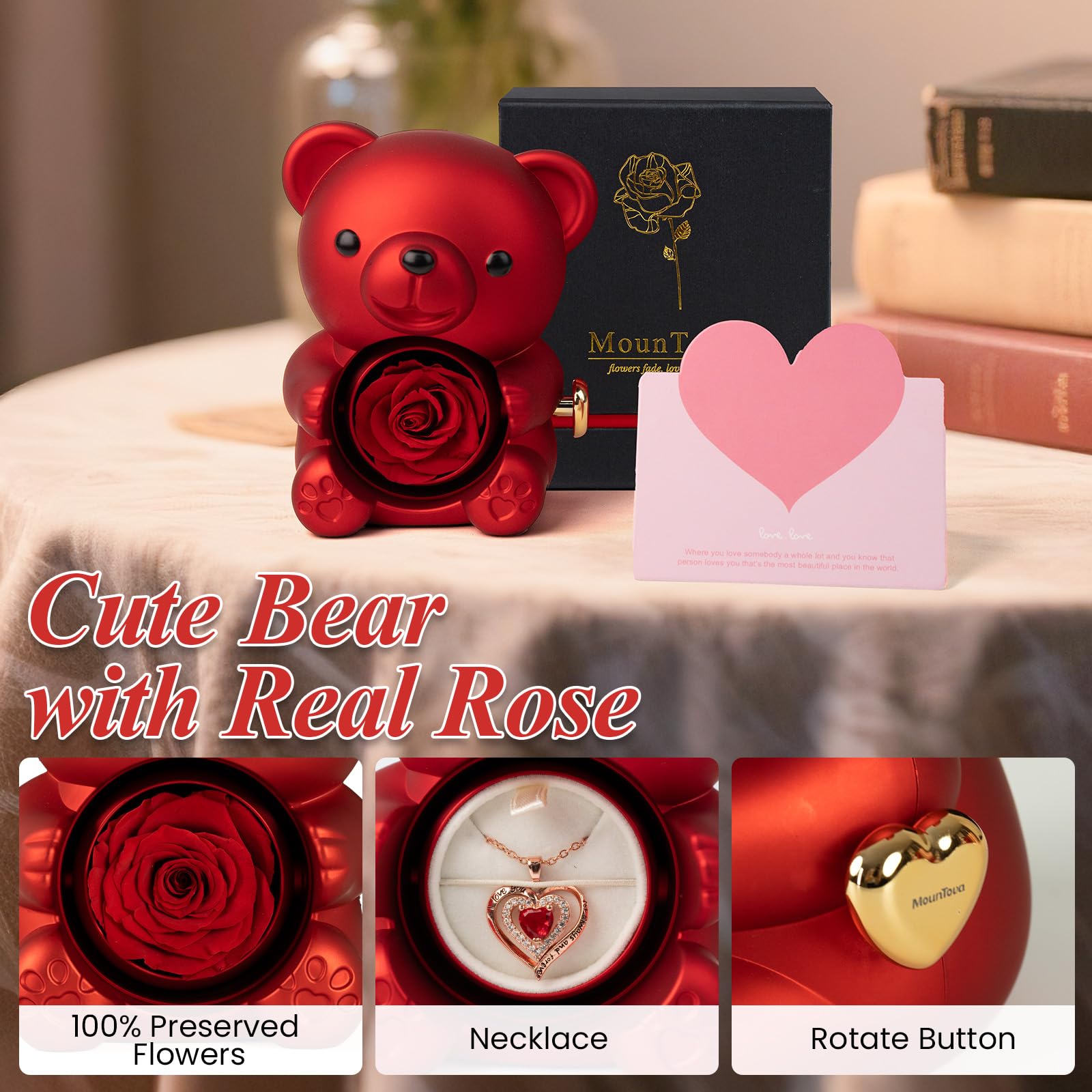 mountova Romantic Teddy Bear with Preserved Rose, Real Rose in Elegant Gift Box with Necklace for Women, Bear Roses Gifts for Mother's Day,Weddings,Valentine's Day,Anniversary,Birthday, Red