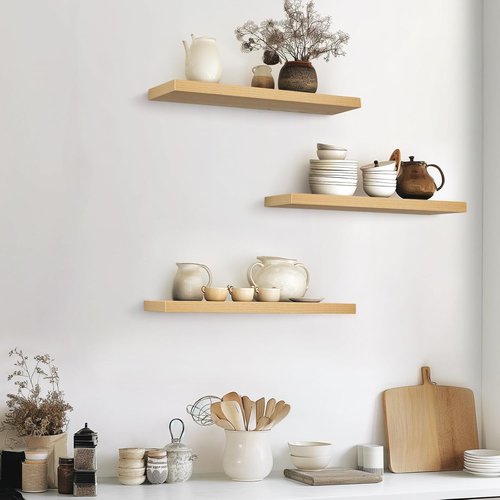 BAYKA Floating Shelves - Rustic Wall-Mounted Wood Shelves for Bathroom & Living Room | Set of 3 (Light Oak, 22.5 Inches)