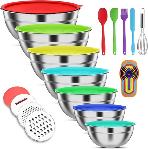 ENVTEK Mixing Bowls Set - 7 PCS Stainless Steel Bowls with Lids & Grater Attachments | Ideal for Cooking & Baking