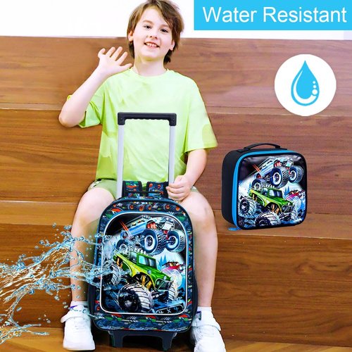 CCJPX 3PCS Truck Rolling Backpack for Boys, Kids Roller Wheels School Bookbag Set, Cars Travel Wheeled School Bag for Toddler Elementary Children-Blue