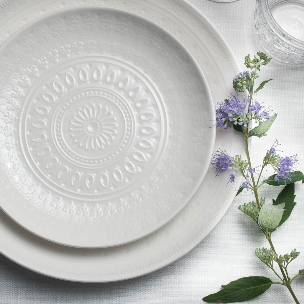 Euro Ceramica Fez Collection Stoneware Durable White 16-Piece Double Bowl Dinnerware Set, Teardrop Mandala design, Service for 4 with two sizes bowls assorted