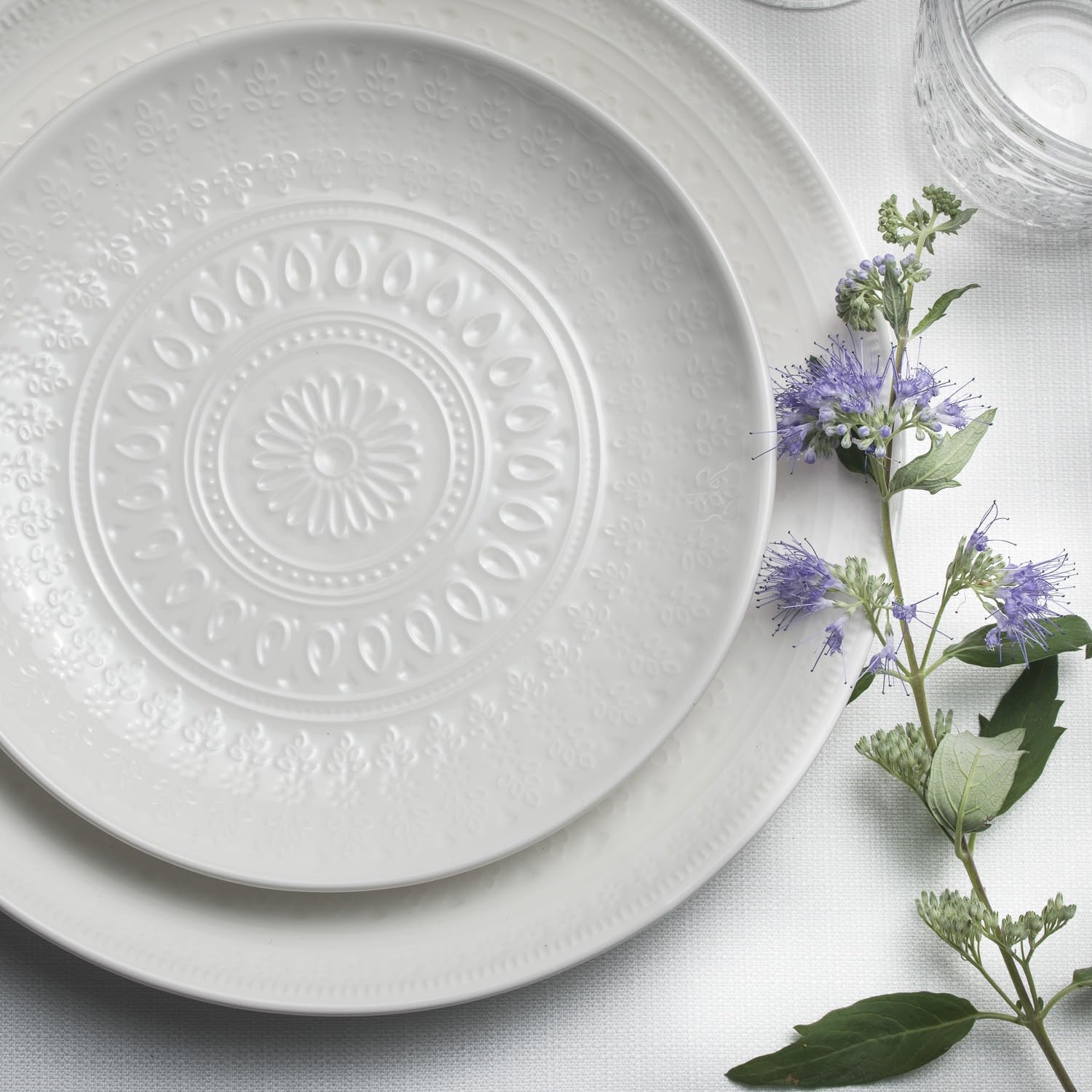 Euro Ceramica Fez Collection Stoneware Durable White 16-Piece Double Bowl Dinnerware Set, Teardrop Mandala design, Service for 4 with two sizes bowls assorted