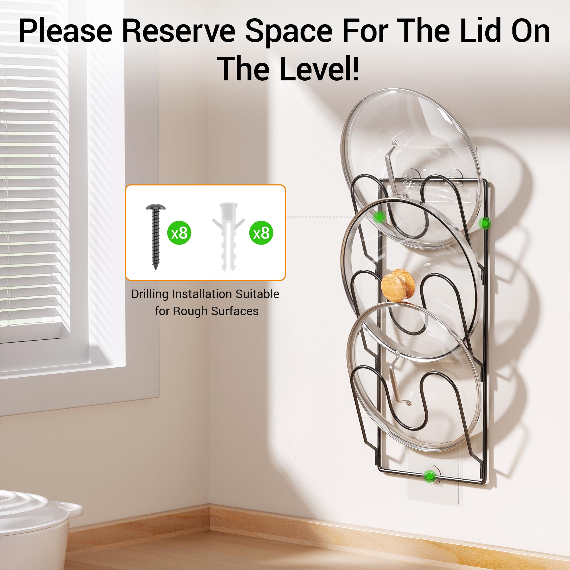 2 Pack Pot Lid Organizer Rack for Cabinet Door/Wall, 6-Tier Pot Lid Holders inside Cabinet Door, No Drilling Adhesive Wall/Door Mounted Rustproof Pots and Pans Lid Organizers for Kitchen Storage Black