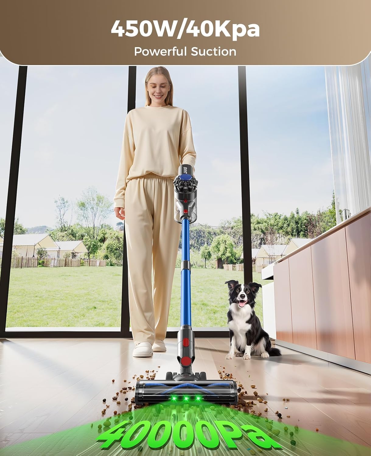 Skiennix Cordless Vacuum Cleaner - 450W 40KPA Lightweight Stick Vacuum with 45-Minute Runtime for Home Use
