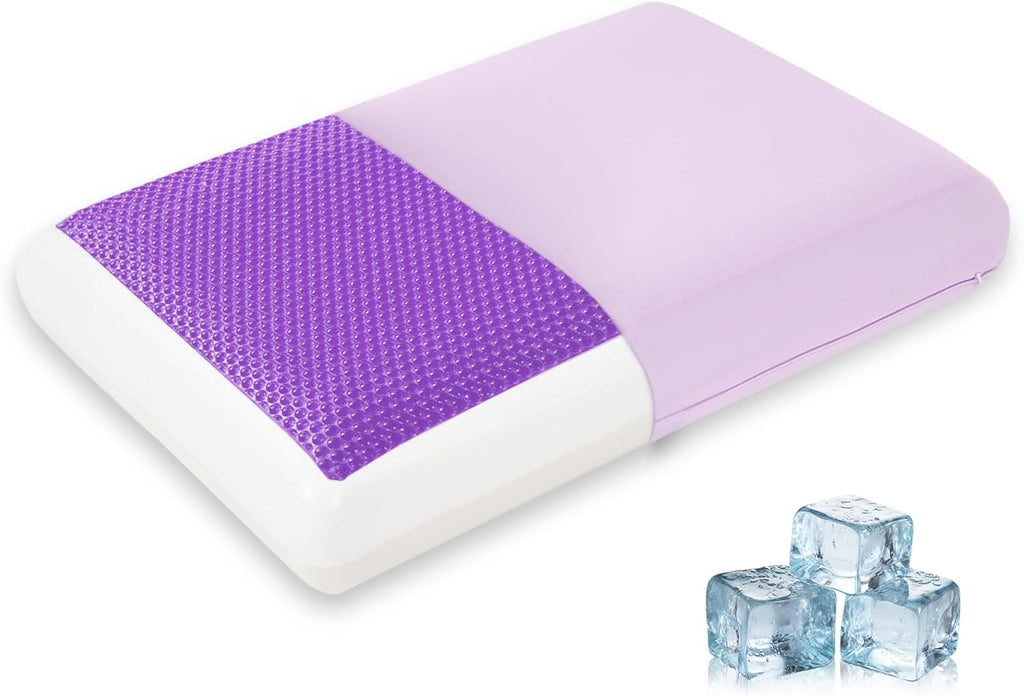 Purple Cooling Pillow - Gel Memory Foam with Reversible Cover for Neck Support | Machine Washable