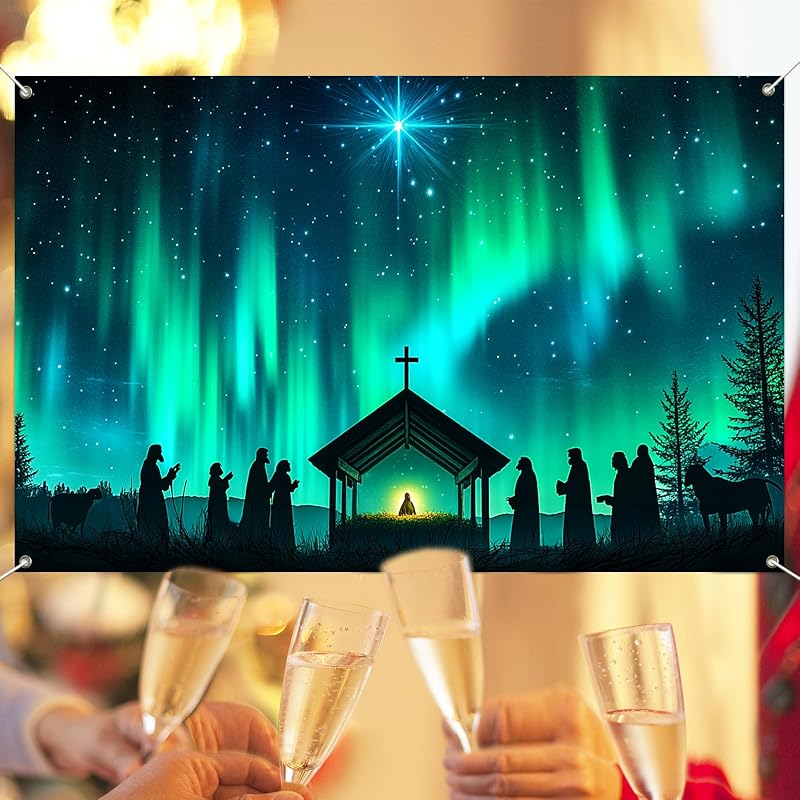 Nativity Banner 71x43 in with Bethlehem Star – Christmas Backdrop, Aurora Silhouette (Variation: Nativity Aurora Silhouette)
