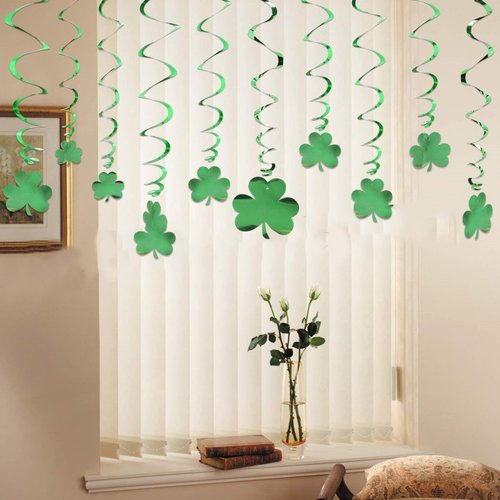 St Patricks Day Shamrock Hanging Swirls Ceiling Decorations 18pcs Glitter Green Spring Lucky Clover Foil Ornaments Garland for Tree Irish Holiday Wall Window Garden Wedding Party Home Decor