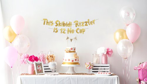 This Skibidi Rizzler is 12 No Cap Gold Glitter Banner - 12th Birthday Party Supplies, Ideas, Gifts and Decorations