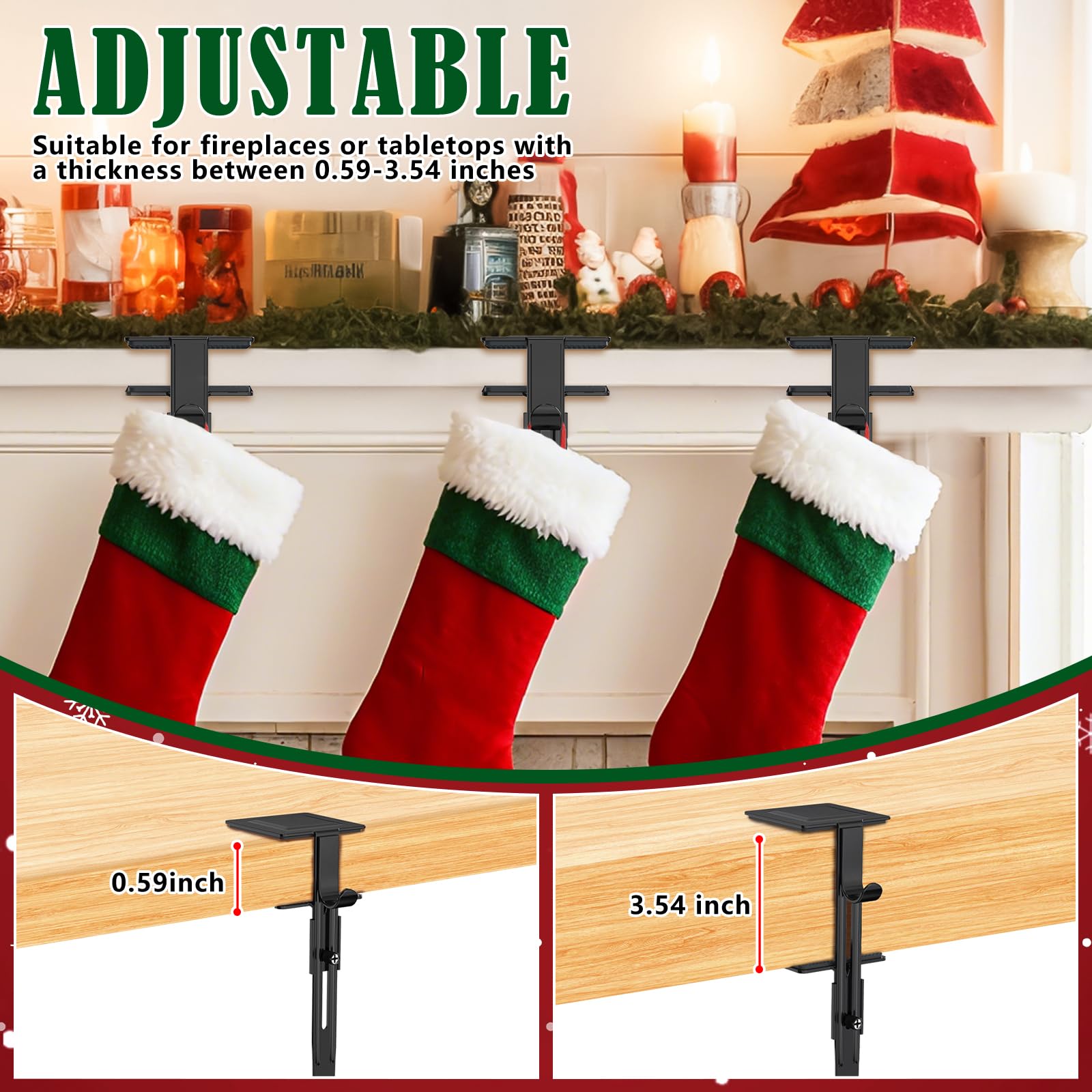 RGJ 6 Pack Christmas Fireplace Stocking and Garland Hanger, 2 in 1 Adjustable Mantle Garland Hanger, No Drill Stocking Holder Hanger for Mantle, Fits Mantles from 0.5" to 3.5" Thick