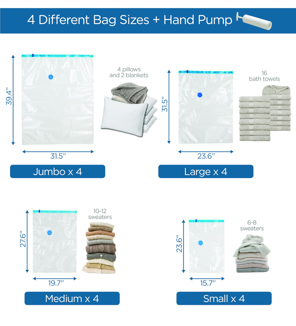 Honey-Can-Do 16-Pack Vacuum Storage Bags Variety Pack with Hand Pump Included