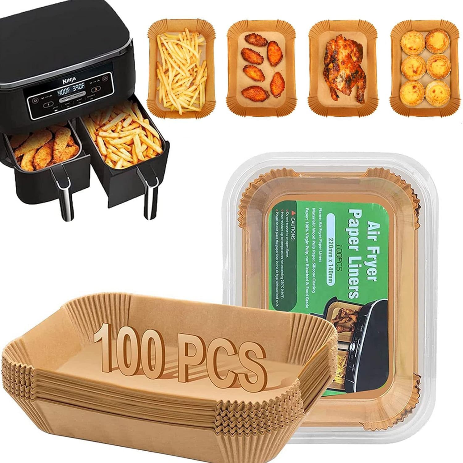 Skiennix Air Fryer Parchment Paper Liners - 100 Pcs Non-Stick, Unbleached Sheets for Dual Basket Models | 8.6x5.5 Inch