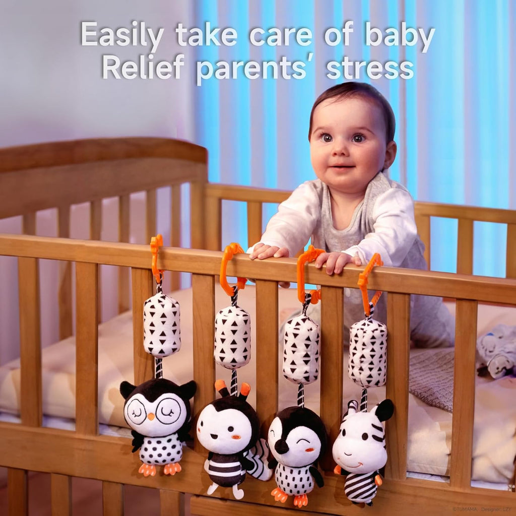 TUMAMA Plush Baby Toys - Black and White Hanging Rattles for Newborns | 4-Pack for 3-12 Months