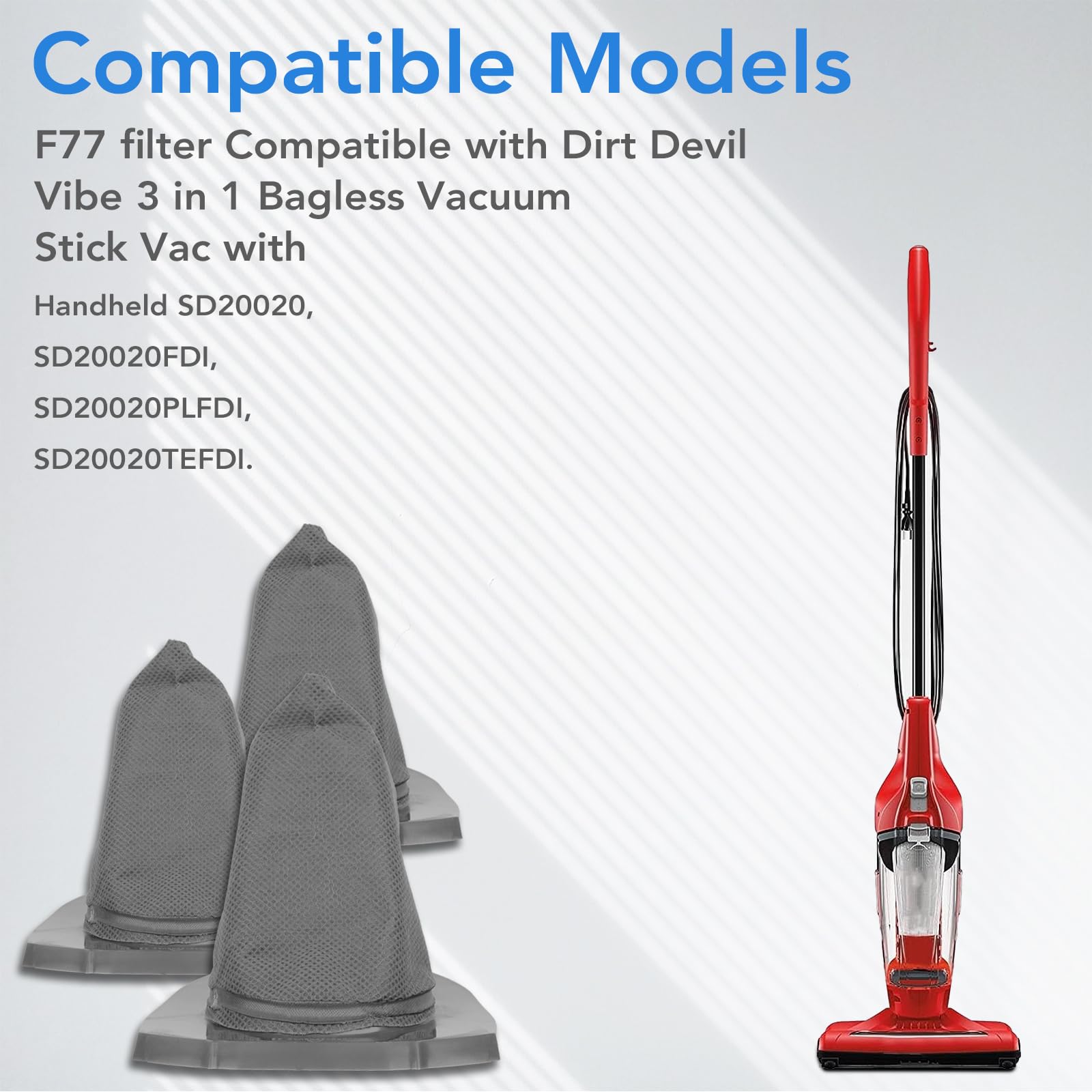 Vacuum Filter for Dirt Devil Vibe 3 in 1 Vacuum Cleaner - Replacement Filters for Bagless Vacuum Stick Vac with Handheld SD20020 SD20020FDI SD20020PLFDI SD20020TEFDI - Part#F77 RO440003993 F-77 3Pack