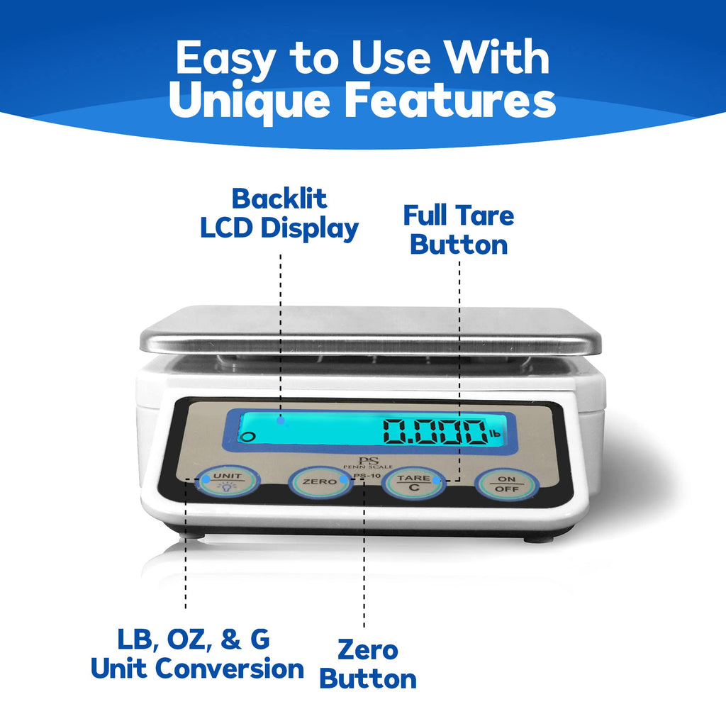 Penn Scale PS-10 Digital Kitchen Portion Scale - 11lb Electric Kitchen Scale with 0.002lb Readability - Removable Platter & LCD Display - Lb, Oz, G Unit Conversion (AC & Battery Powered)