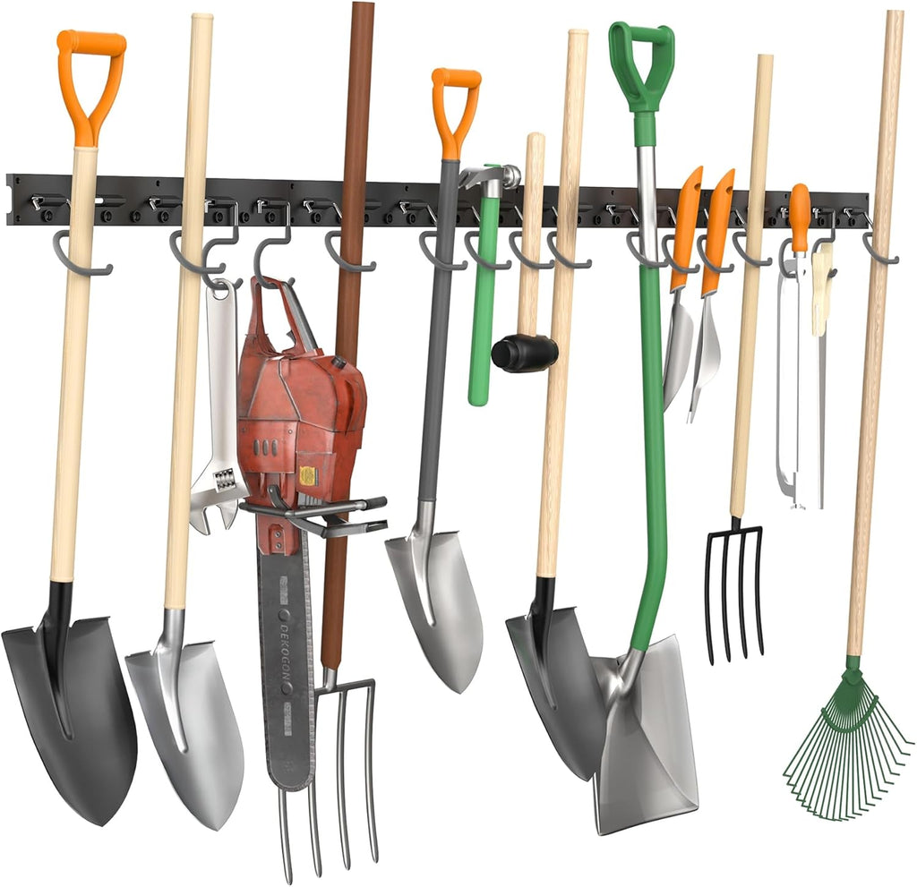 TORACK Wall Mounted Mop & Broom Holder - Garden Tool Organizer with 4 Tracks & 16 Hooks