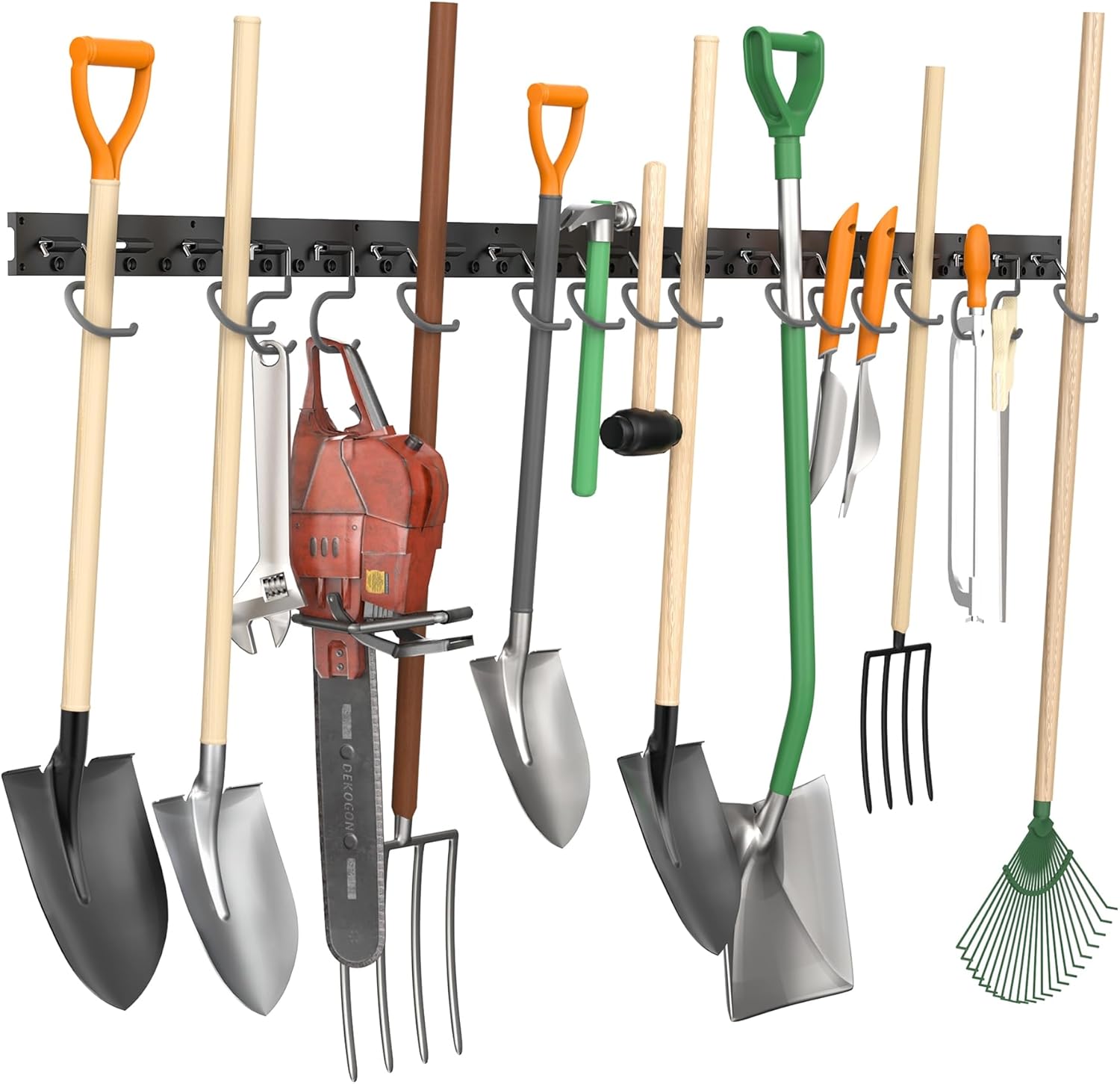 TORACK Wall Mounted Mop & Broom Holder - Garden Tool Organizer with 4 Tracks & 16 Hooks