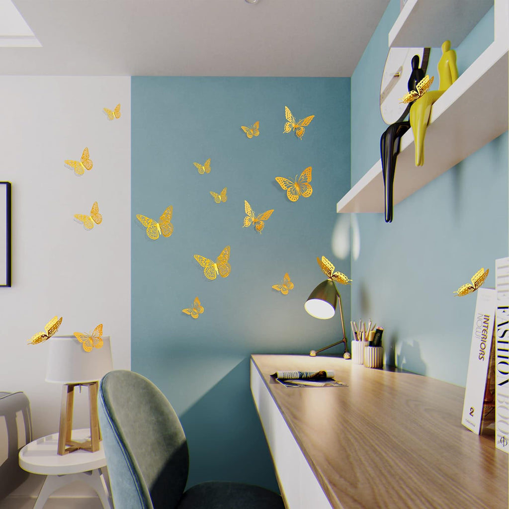 SAOROPEB 3D Butterfly Wall Decor - 48 Pcs in 4 Styles & 3 Sizes | Gold Removable Stickers for Parties