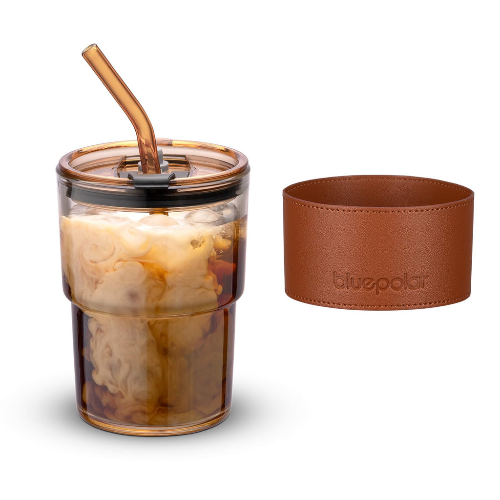 BLUEPOLAR 13oz/400ml Tumbler Water Glass, Cups with Straw and Lid Sealed Carry on for Coffee, Iced Tea, Thick Wall Insulated Glass Cup (Amberwith Protect Sleeve)