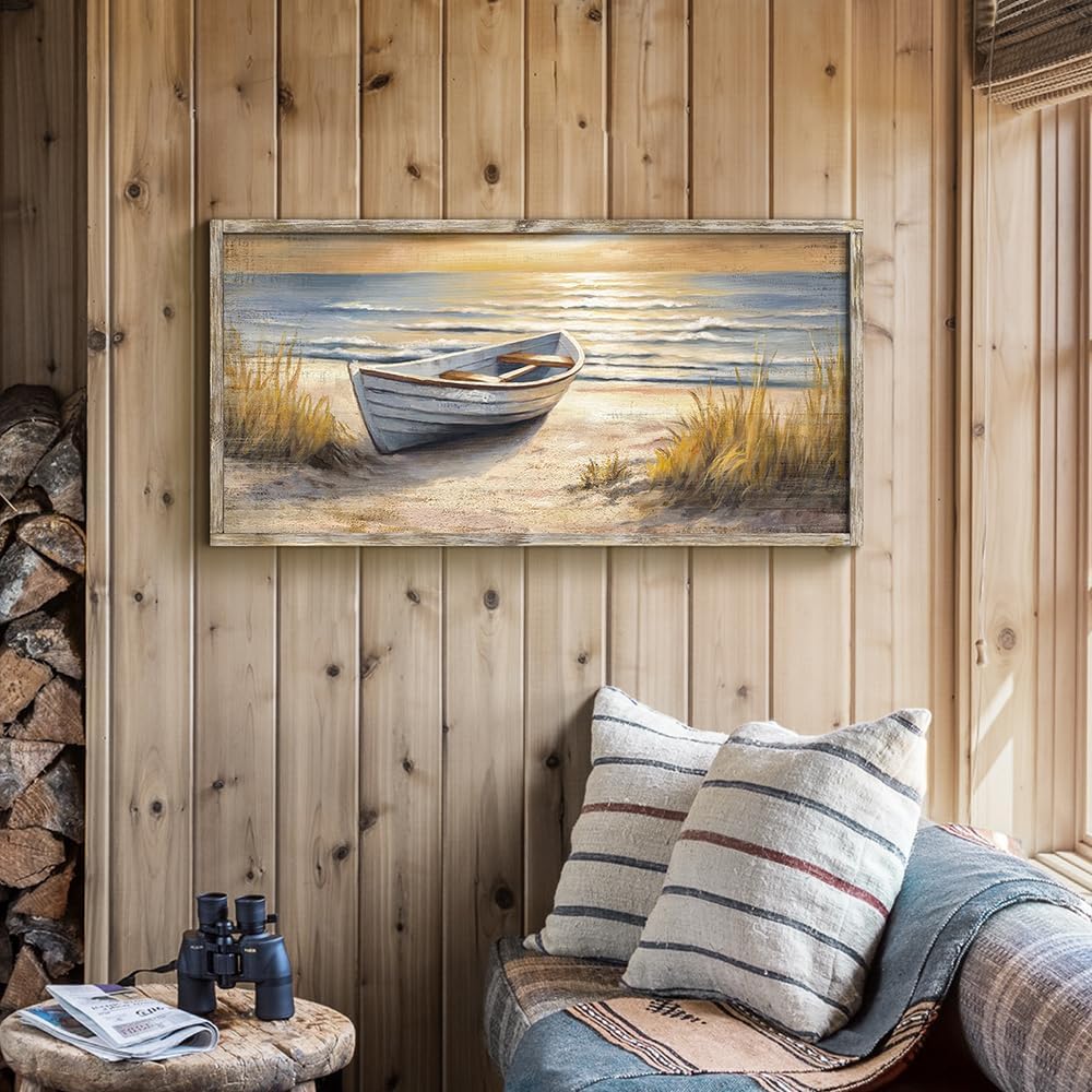 Skiennix Coastal Wall Art - Ocean Boat Sunset Painting | Seascape Decor for Living Room, 40”x20”