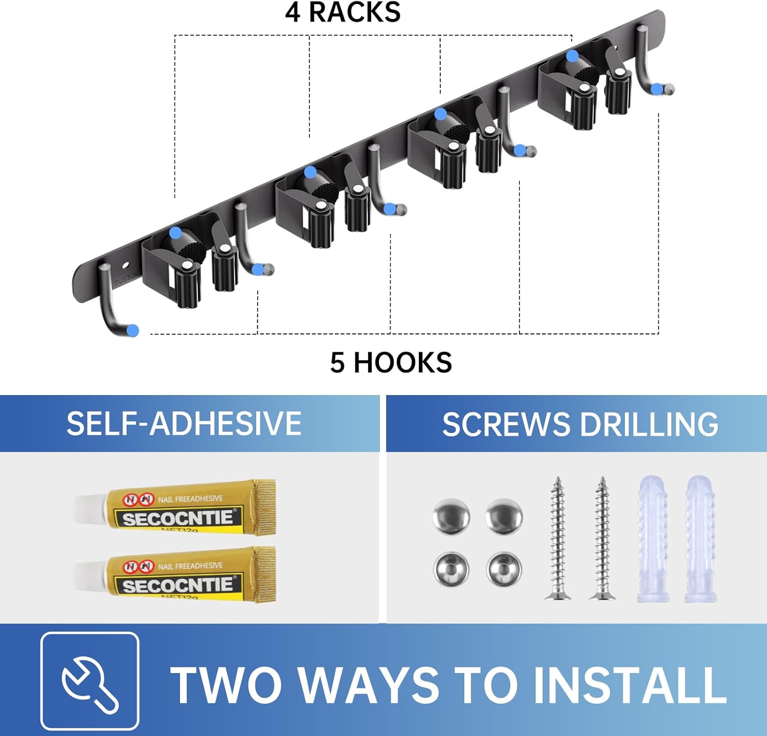 ZONGOOL Wall-Mounted Broom Holder - 4 Racks & 5 Hooks for Home Organization | Black Metal Design