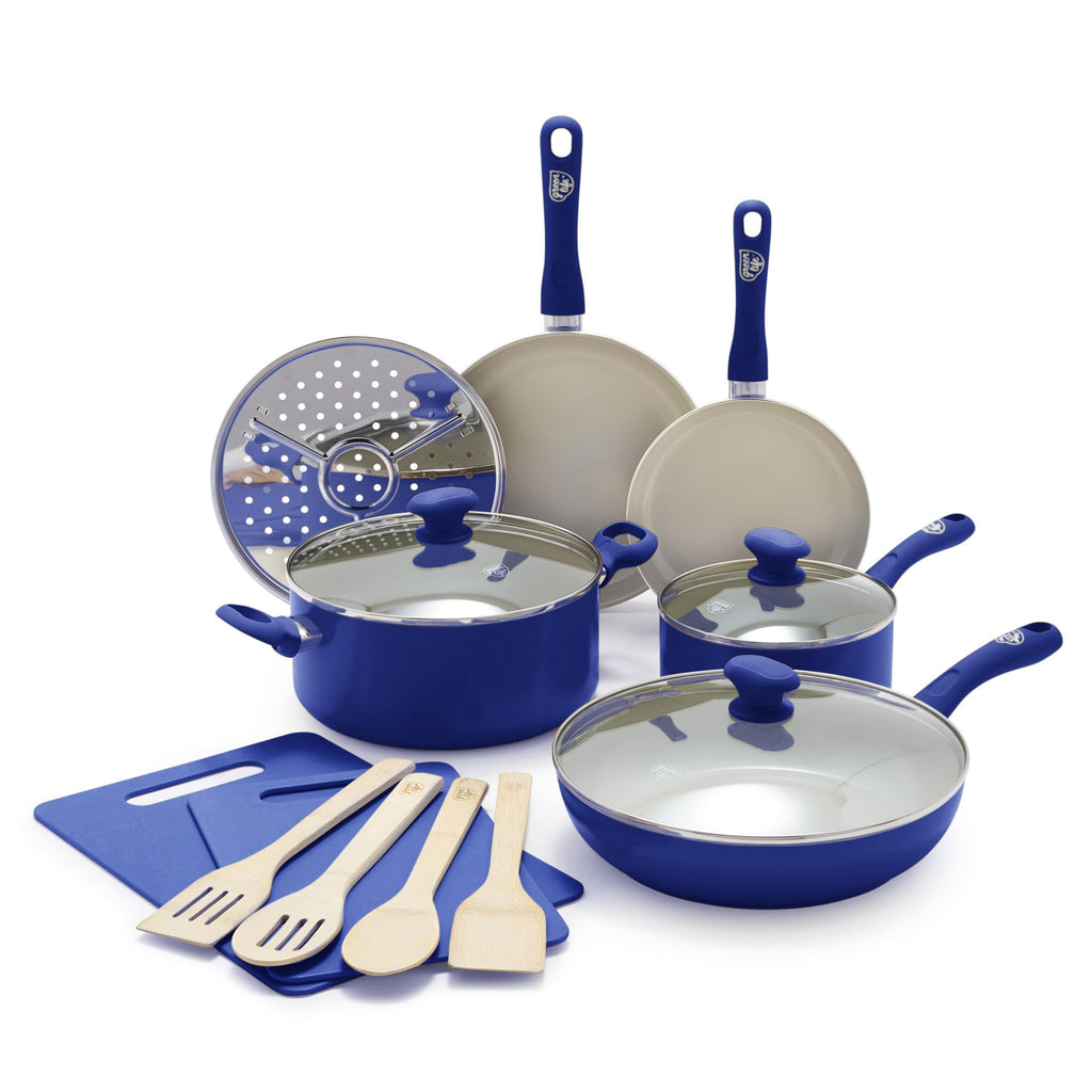 GreenLife Sandstone Healthy Ceramic Nonstick, 15 Piece Kitchen Cookware Pots and Frying Sauce Pans Set, PFAS- Free, Dishwasher Safe, Blue