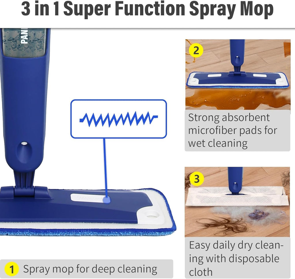 Skiennix Premium Spray Mop - 18-Inch Multi-Purpose Floor Cleaner with 3 Reusable Pads | Blue