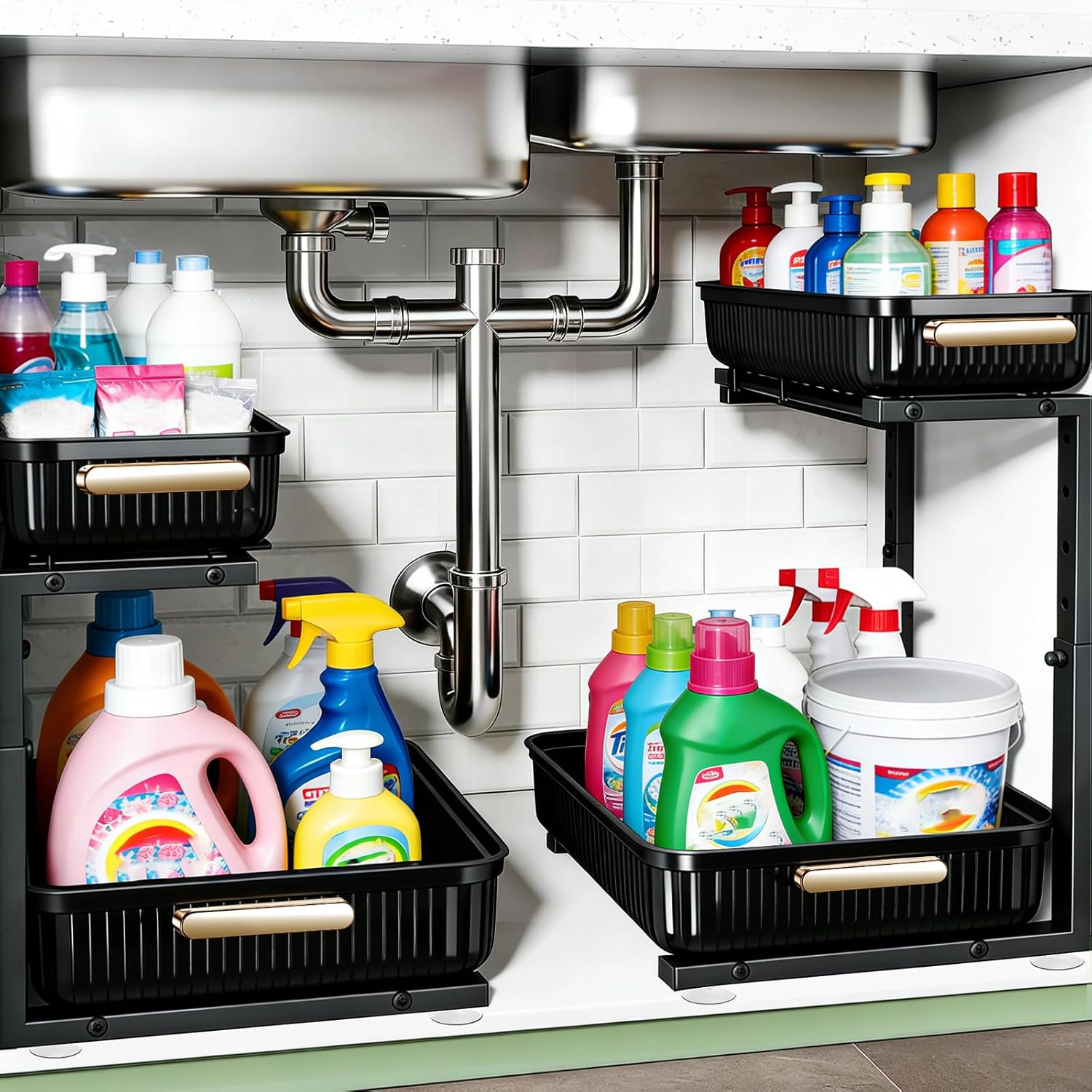 ARSTPEOE Under Sink Organizer - Multi-Purpose Pull-Out Storage Shelves | 2 Packs, Black for Kitchen & Bathroom