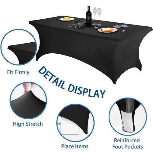 Lemict 6FT Black Table Cloth - 6 Pack Fitted Stretch Rectangle Spandex Tablecloth, Washable Table Cover for Party, Picnic, Wedding, Banquet, Birthday and Festival(30" x 72")