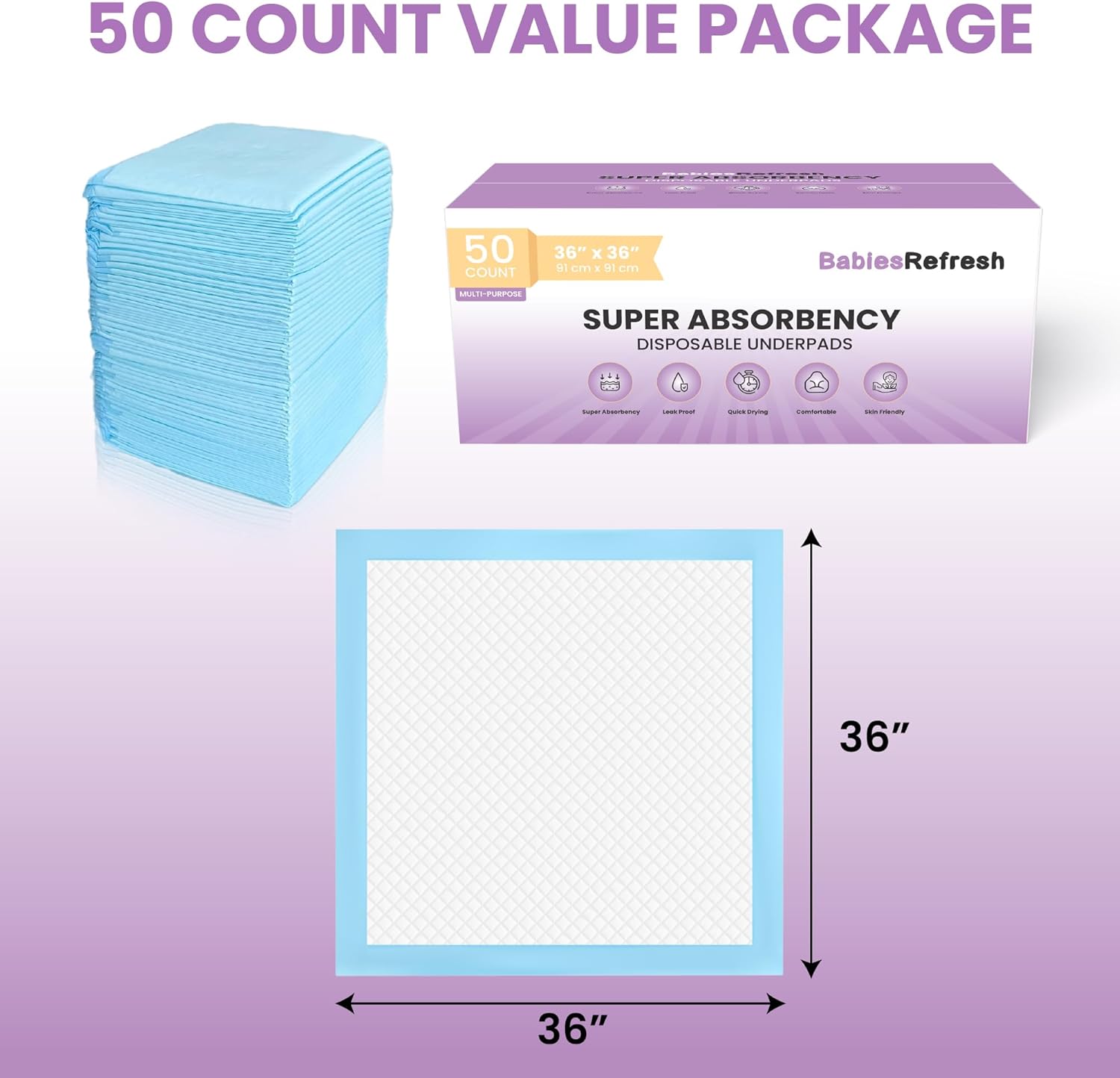 Regine Switzerland 50 Count Disposable Underpads - Super Absorbent, Leakproof, Quick Drying | 36” x 36”, Blue XXL