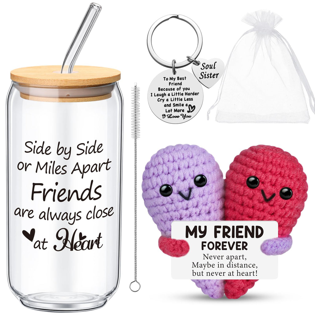 LemonRoad 4 Pack Valentines Galentines Day Friendship Gifts for Women 16 oz Glass Cup with Lid, Straw Brush, Heart Crochet and Keychain with Organza Bag Birthday Gift for Soul BFF Sister Bestie